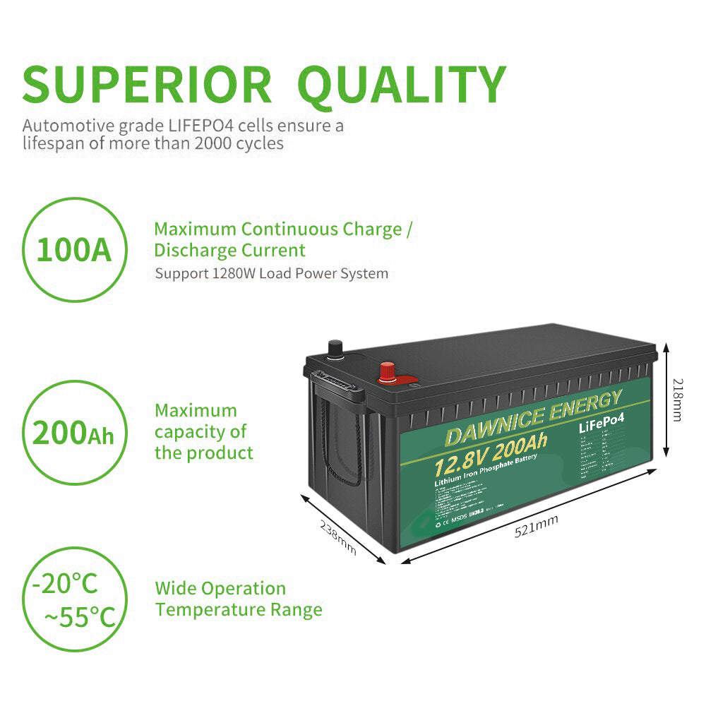 DDP to US inland - Dawnice 12V 200Ah LiFePO4 Battery with Built-in 100A BMS, 2560Wh Lithium Battery 10 Years Lifespan, Perfect for RV Camping, Solar Energy Storage, Back-up Power - US Warehouse in Stock