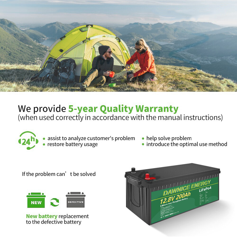 DDP to US inland - Dawnice 12V 200Ah LiFePO4 Battery with Built-in 100A BMS, 2560Wh Lithium Battery 10 Years Lifespan, Perfect for RV Camping, Solar Energy Storage, Back-up Power - US Warehouse in Stock