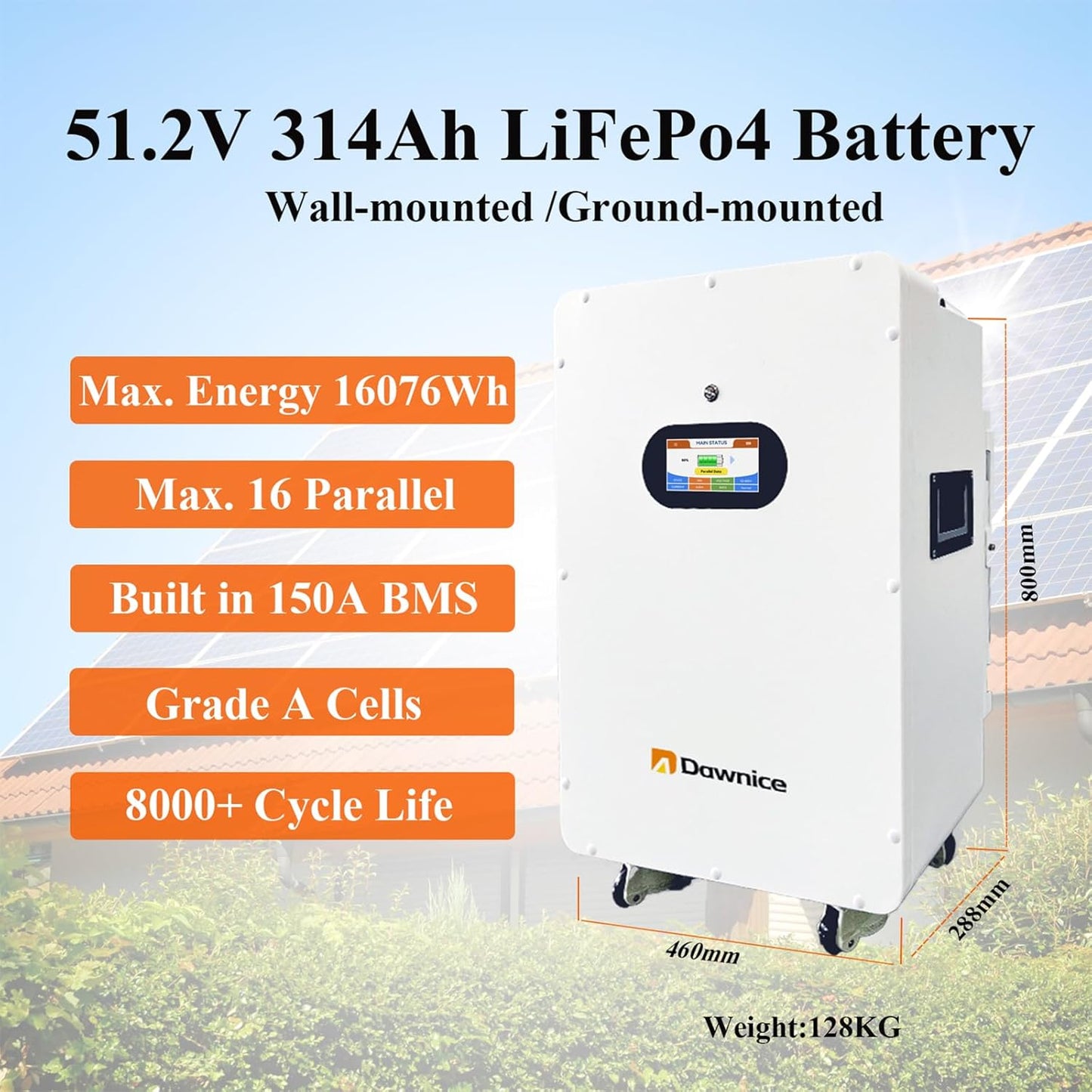 Dawnice 16KWh Solar Battery 51.2V 314Ah LifePO4 Lithium Solar Batteries Storage Pack Ground-Mounted Grade A Battery Cells 16S1P Built in 150A BMS Bluetooth Wireless Home Battery Backup Camping RV