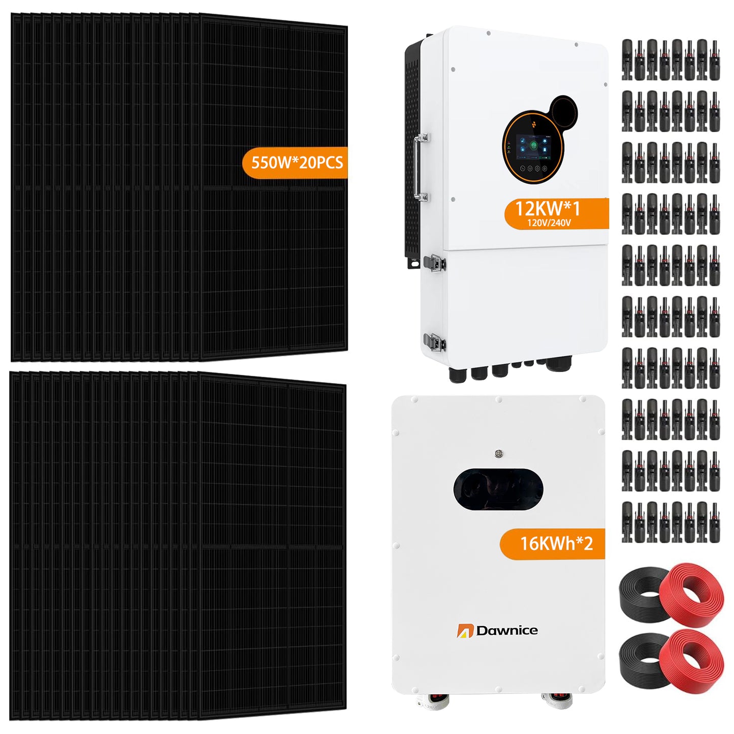 DDP to Hawaii - 12KW Hybrid Solar Power System Complete Kit 20PCS 550W Solar Panel (11KW) +1Sets 48V 12KW Split Phase Inverter Built in MPPT+ 32kwh Battery 2 Sets-51.2V 314Ah 16kwh Whole House Storage LiFePO4 Lithium Battery with Mounting Bracket for Roof
