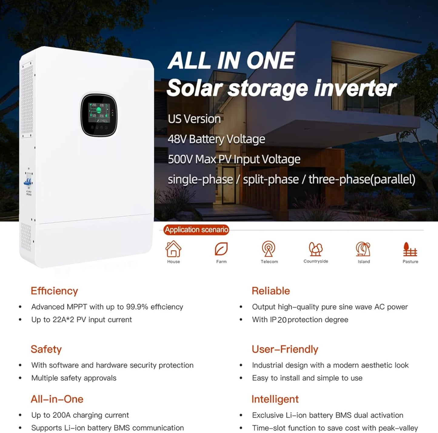 DDP to US inland - 10KW 48V Off Grid Solar Inverter 120Vac Single-Phase 240Vac Split-Phase Three-Phase Built in 2 MPPT Charge Controller Parallel 6 inverters,for LiFePO4/Li/Lead-acid Battery UL Listed