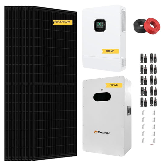 DDP to US inland - 10KW Off Grid Solar System Complete Kit 48V 5KWH Kit Home Solar Power System Complete Kit with 10PCS*550W Solar Panels, 10KW Inverter, 51.2V 100Ah 5KWH LiFeP04 Battery
