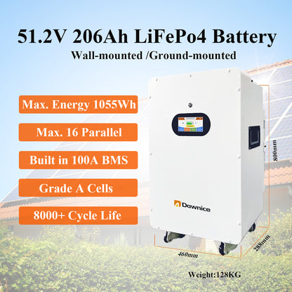 DDP to US inland - Dawnice 10KWh Solar Battery 48V 206Ah LifePO4 Lithium Solar Batteries Storage Pack Wall-Mounted Grade A Battery Cells 16S1P Built in 100A BMS Bluetooth Wireless Home Battery Backup Camping RV