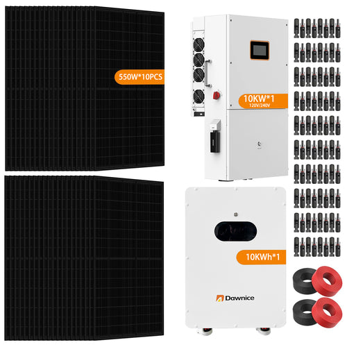 DDP to Hawaii - Dawnice 10KW Hybrid Solar Power System Complete Kit 10PCS 550W Solar Panel (5500W) +1Sets 48V 10KW Split Phase Inverter Built in MPPT+ 1Sets-51.2V 206Ah 10kwh Whole House Storage LiFePO4 Lithium Battery with Mounting Z Bracket
