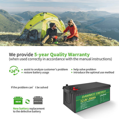 DDP to US inland - Dawnice 12V 200Ah LiFePO4 Battery with Built-in 100A BMS, 2560Wh Lithium Battery 10 Years Lifespan, Perfect for RV Camping, Solar Energy Storage, Back-up Power - US Warehouse in Stock