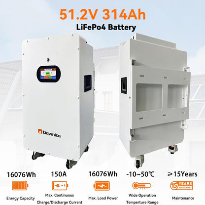Dawnice 16KWh Solar Battery 51.2V 314Ah LifePO4 Lithium Solar Batteries Storage Pack Ground-Mounted Grade A Battery Cells 16S1P Built in 150A BMS Bluetooth Wireless Home Battery Backup Camping RV