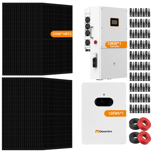 Dawnice 16KWH 10KW Hybrid Solar System Complete Kit 10PCS*550W Solar Panel (5500W) + 1Set 48V 10KW Split Phase Inverter with MPPT Controller + 1Set 16KWH Lithium Battery
