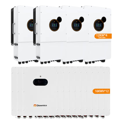 DDP to Puerto Rico - Dawnice 4 Sets 48V 12KW Split Phase Hybrid Solar Inverter Built in MPPT+ 12 Sets-51.2V 314Ah 16kwh LiFePO4 Lithium Battery
