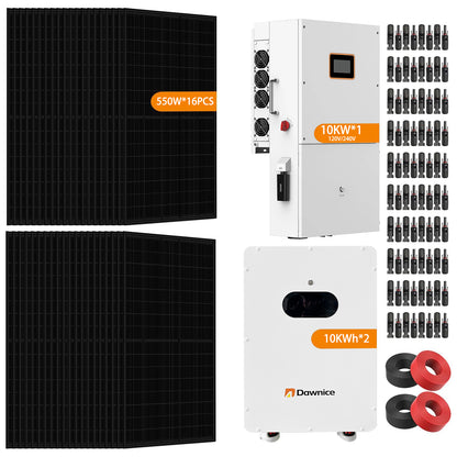 DDP to Puerto Rico - Dawnice 10KW Hybrid Solar Power System Complete Kit 16PCS 550W Solar Panel (8800W) +1Sets 48V 10KW Split Phase Inverter Built in MPPT+ 2Sets-51.2V 206Ah 10kwh Whole House Storage LiFePO4 Lithium Battery