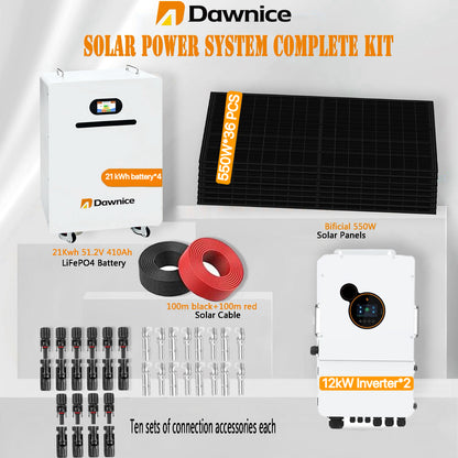 DDP-MX-Dawnice 19800w Off Sistema de Energía Solar de la Red Sistema Completa，con 48v Lifepo4 80kWh Batería，36 Pcs Biferial 550w Paneles Solar，24kw Potencia del inversor