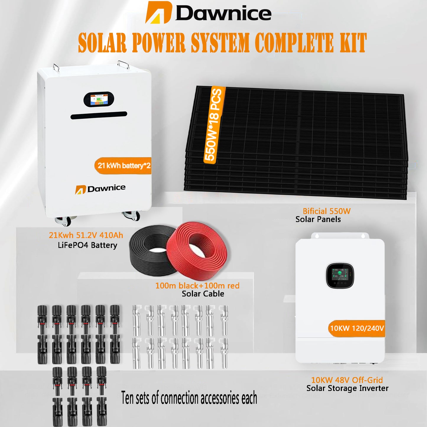 DDP-MX-Dawnice 9900w Off Sistema de Energía Solar de la Red Sistema Dos 20kWh Batería 18 Pcs Biferial 550w Paneles 10kW Solar Inversitor con Controlador Mppt 120/240vac
