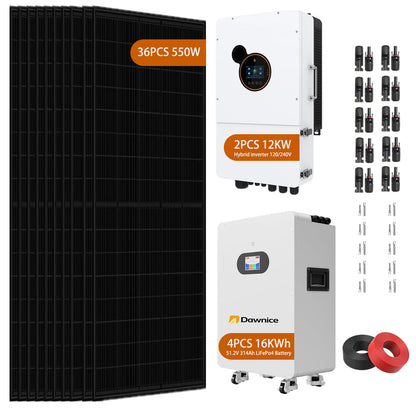 24KW 48V Hybrid Solar Power System Complete kit with UL+PV Solar Panel + 48V Hybrid Inverter + LiFePO4 48V Lithium Battery (36pcs*550W solar panels+ 2Set*12KW Inverter+4Set*16KWH Battery+400m 4mm²PV cable+36pcs MC4 connectors)