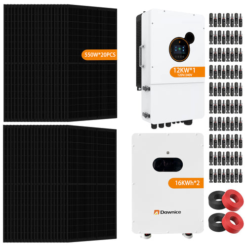 12KW Hybrid Solar Power System Complete Kit 20PCS 550W Solar Panel (11KW) +1Sets 48V 12KW Split Phase Inverter Built in MPPT+ 32kwh Battery 2 Sets-51.2V 314Ah 16kwh Whole House Storage LiFePO4 Lithium Battery with Mounting Bracket for Roof