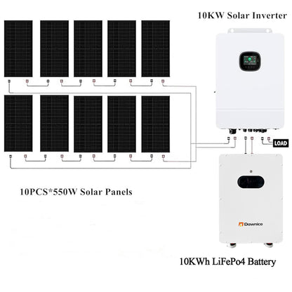 DDP to US inland - 10KW Off Grid Solar System Complete Kit 48V 10KWH Kit Home Solar Power System Complete Kit with 10PCS*550W Solar Panels, 10KW Inverter, 51.2V 206Ah 10000WH LiFeP04 Battery