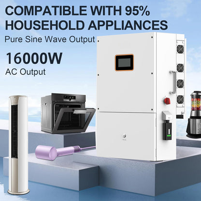 4Sets 51.2V 314Ah 16kWh LifePO4 Lithium Solar Batteries Built in 200A BMS,2Sets 16KW  Inverter 120V/240V AC Split Power Inverter Built in 4 MPPT Home Energy Storage Power Supply DC to AC Bluetooth Wireless