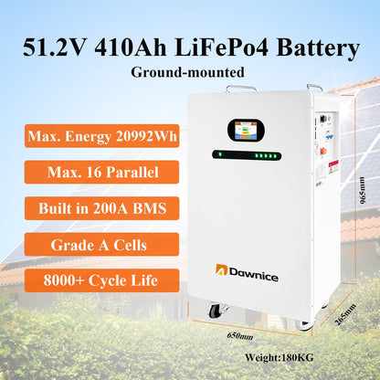 DDP to US inland - Dawnice 20KWh Solar Batteries 51.2V 410Ah Storage LifePO4 Lithium Battery Pack Ground-Mounted Grade A Battery Cells 16S2P Built in 200A BMS Bluetooth Wireless Home Battery Backup Camping RV