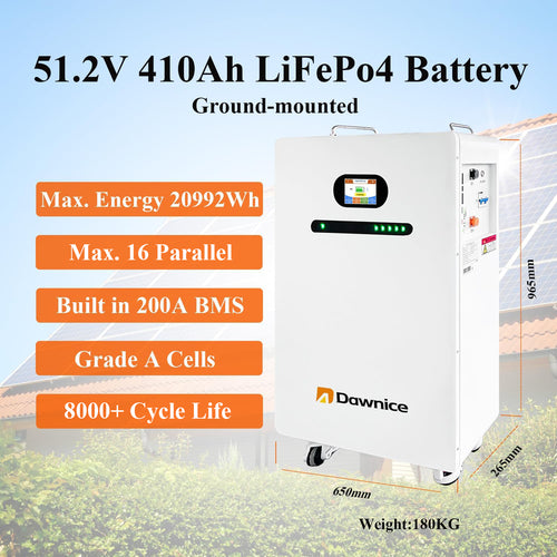 DDP to US inland - Dawnice 20KWh Solar Batteries 51.2V 410Ah Storage LifePO4 Lithium Battery Pack Ground-Mounted Grade A Battery Cells 16S2P Built in 200A BMS Bluetooth Wireless Home Battery Backup Camping RV