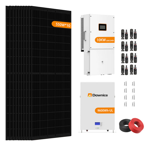 DDP to US inland - Dawnice 5500W Hybrid Solar System Complete Kit with 48V 200Ah LiFePO4 Battery Wall Mount 9600Wh, 550W Solar Panels 10PCS Bificial 8KW Split Phase Inverter with MPPT Controller 120V/240V - UL