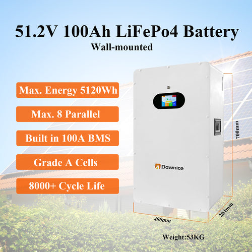 DDP to US inland - Dawnice 5KWh Solar Battery 48V 100Ah LifePO4 Lithium Solar Batteries Storage Pack Wall-Mounted Grade A Battery Cells 16S1P Built in 100A BMS Bluetooth Wireless Home Battery Backup Camping RV
