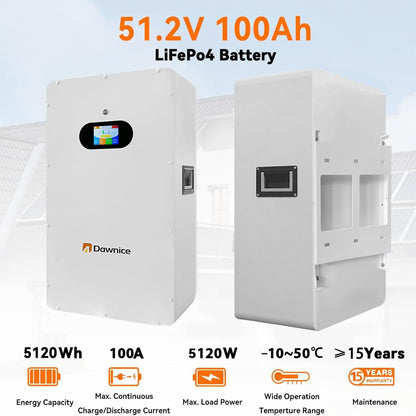 DDP to US inland - Dawnice 5KWh Solar Battery 48V 100Ah LifePO4 Lithium Solar Batteries Storage Pack Wall-Mounted Grade A Battery Cells 16S1P Built in 100A BMS Bluetooth Wireless Home Battery Backup Camping RV
