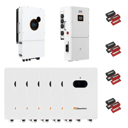 Dawnice 1 Sets 48V 12KW Split Phase Hybrid Solar Inverter Built in MPPT+ 1 Sets 48V 16KW Split Phase Hybrid Solar Inverter+ 6 Sets-51.2V 314Ah 16kwh LiFePO4 Lithium Battery+4Pairs Busbar