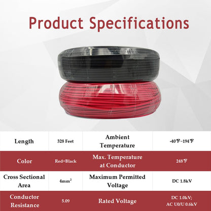 328Ft Solar Panel Cable 11AWG(4 mm2) Solar Panel Extension Cable Tinned Copper Wire for Outdoor Solar Systems(100m Red+100m Black)