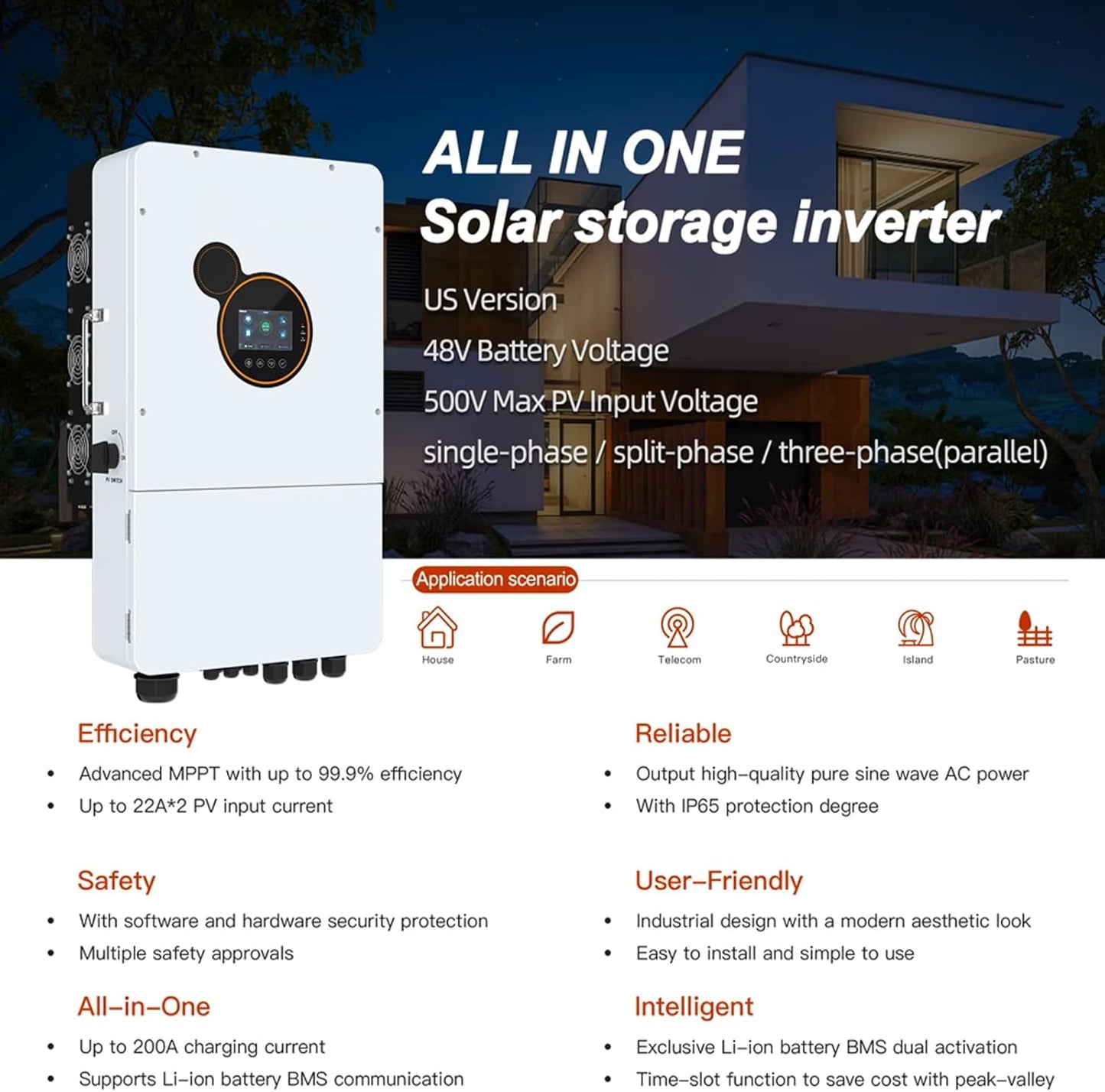 DDP to US inland - Dawnice 12KW Hybrid Solar Inverter 48V DC to 120V/240V AC Single&Split&Three Phase Power Inverter Built in 2 MPPT Charge Controller for Work with 48V LiFePO4 Battery UL 1741